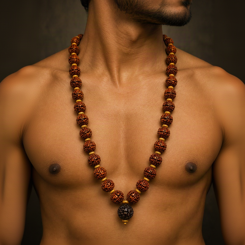 15MM 5 Mukhi Rudraksha Mala with Vilwa Pathram (Brown)