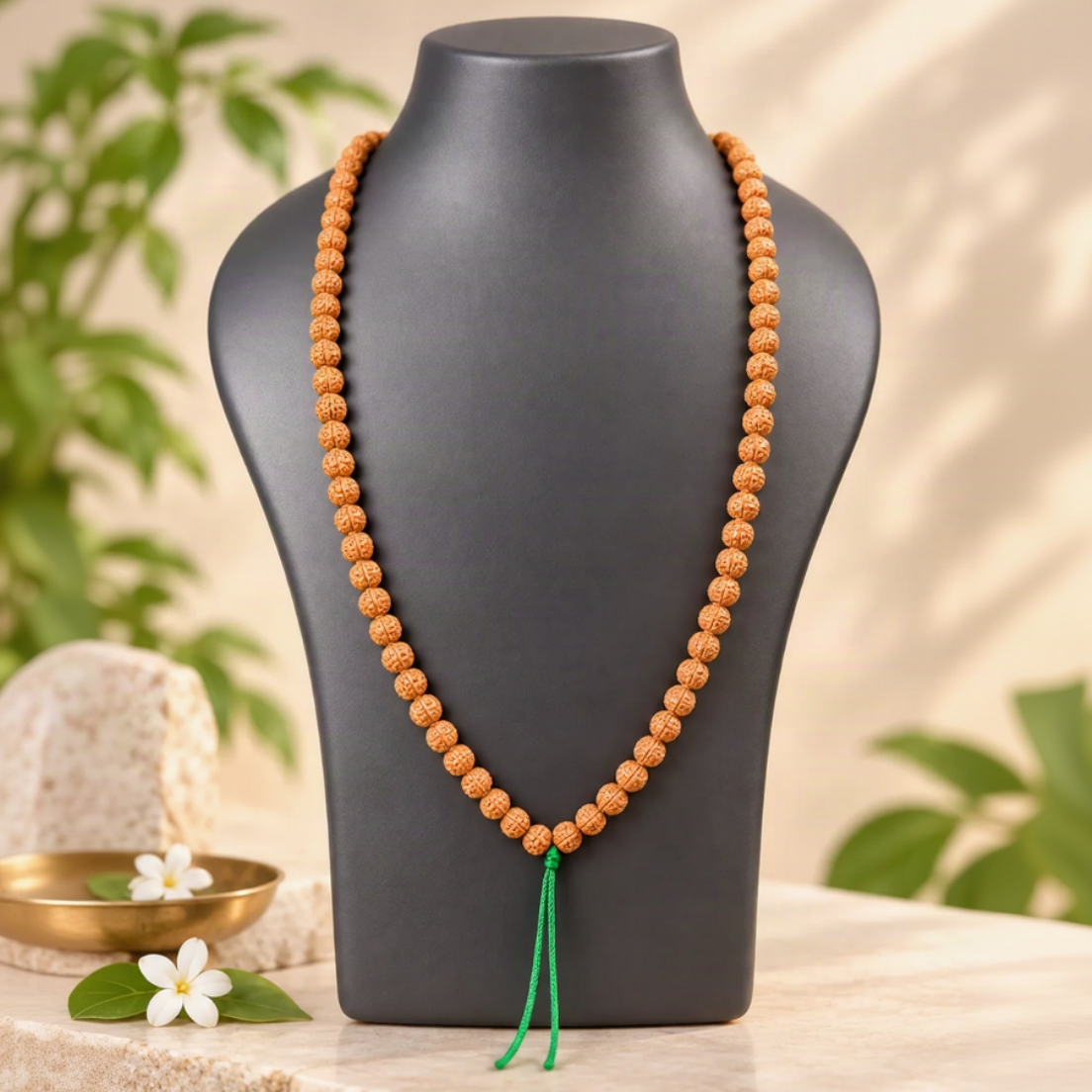 A long beaded necklace made of small orange-brown textured beads with a green tassel, displayed on a black jewelry bust against a softly blurred beige background with green leaves.