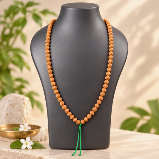A long beaded necklace made of small orange-brown textured beads with a green tassel, displayed on a black jewelry bust against a softly blurred beige background with green leaves.
