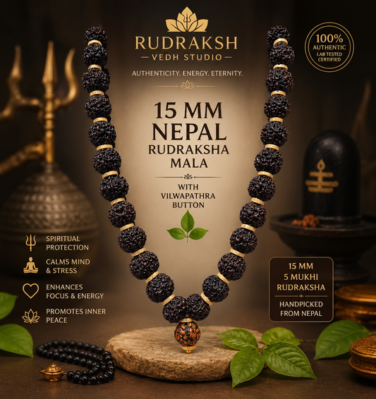 15MM 5 Mukhi Rudraksha Mala with Vilwa Pathram (Black Dyed)