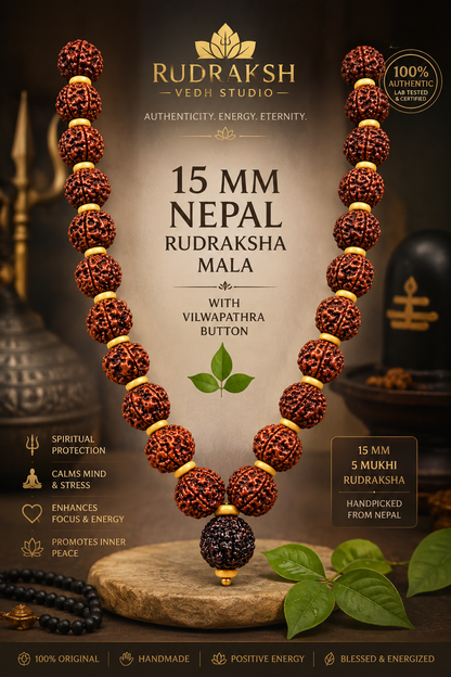 15MM 5 Mukhi Rudraksha Mala with Vilwa Pathram (Brown)