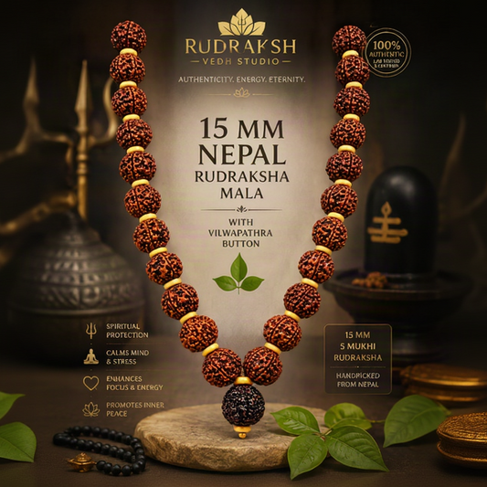 15MM 5 Mukhi Rudraksha Mala with Vilwa Pathram (Brown)