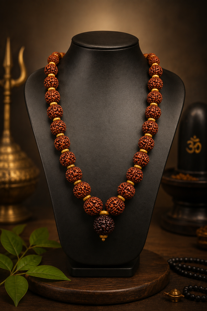 15MM 5 Mukhi Rudraksha Mala with Vilwa Pathram (Brown)
