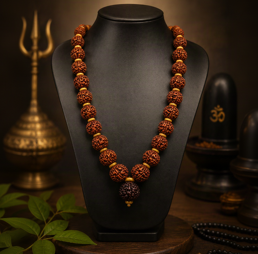 15MM 5 Mukhi Rudraksha Mala with Vilwa Pathram (Brown)