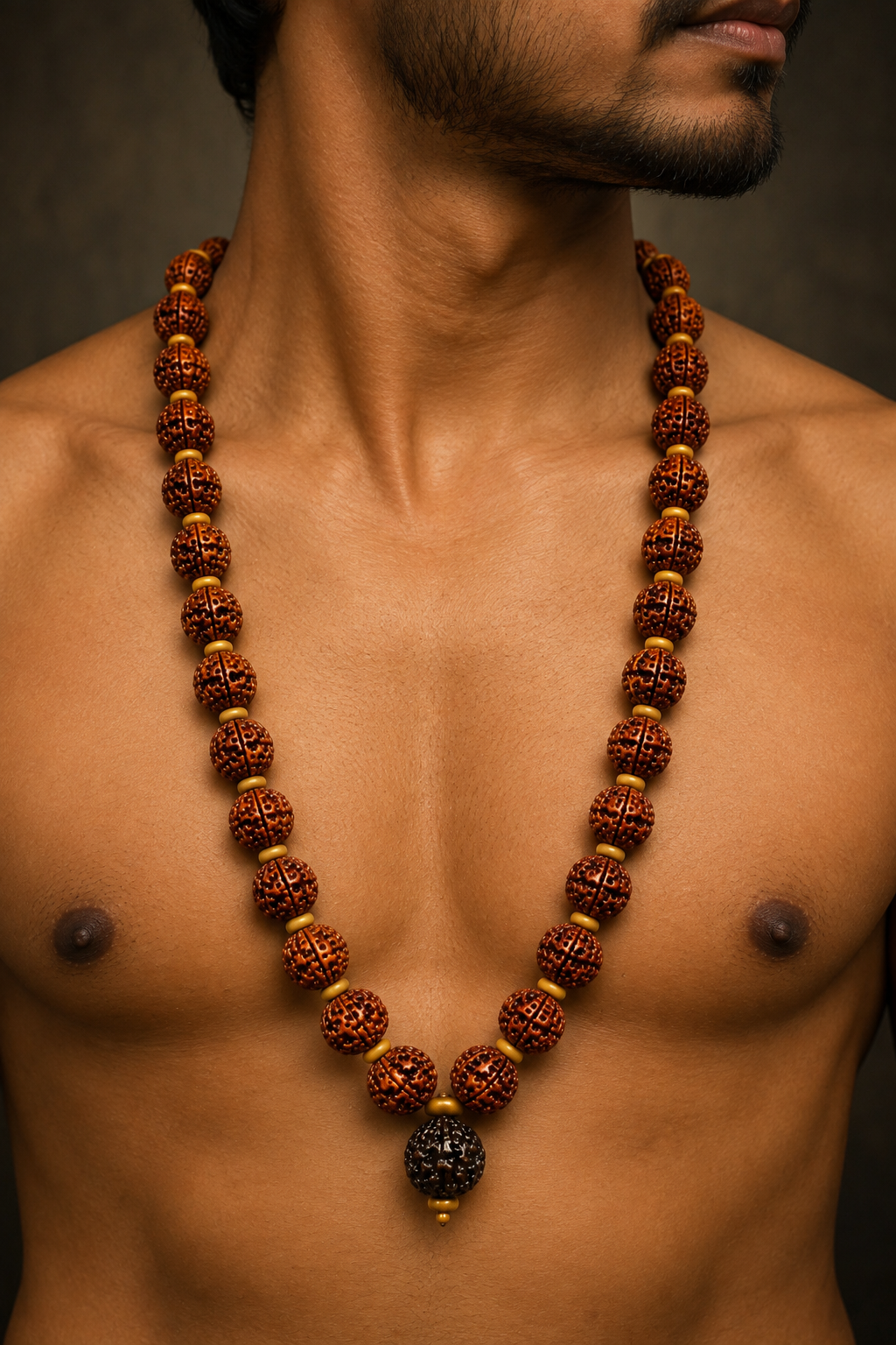 15MM 5 Mukhi Rudraksha Mala with Vilwa Pathram (Brown)