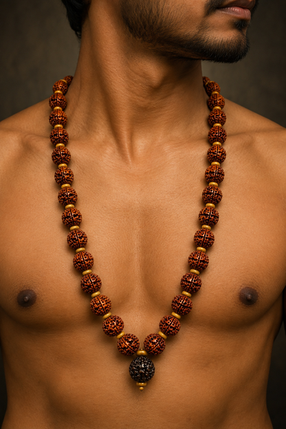 15MM 5 Mukhi Rudraksha Mala with Vilwa Pathram (Brown)